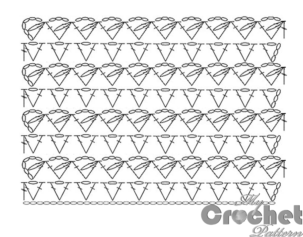 Crochet openwork pattern with cluster and shell - scheme of stitches Crochet openwork pattern with cluster and shell - scheme of stitches