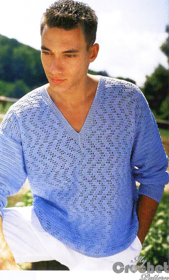Blue crochet sweater for men with filet pattern photo Blue crochet sweater for men with filet pattern photo