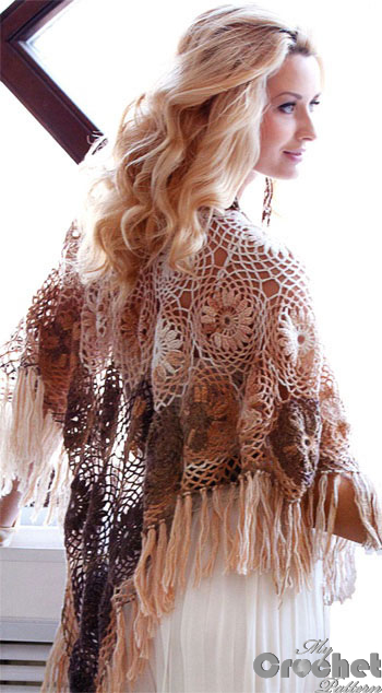 white and brown crochet shawl with flowers photo