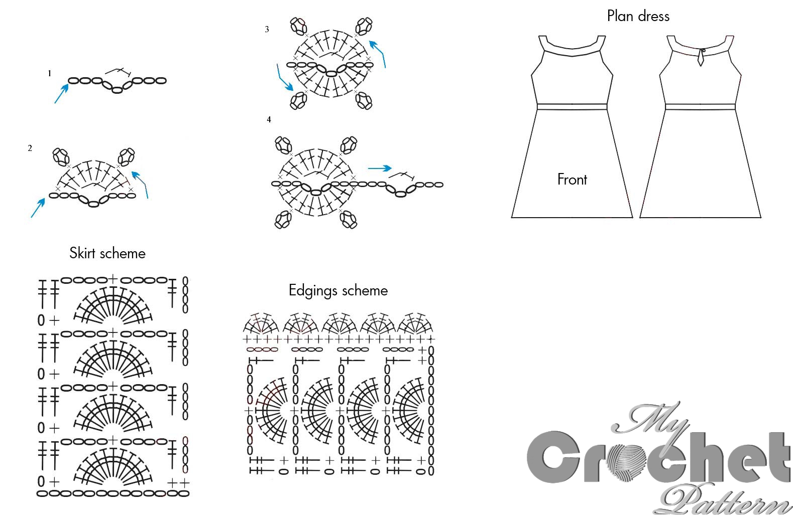 Pattern of gold crochet mini dress - stitch scheme