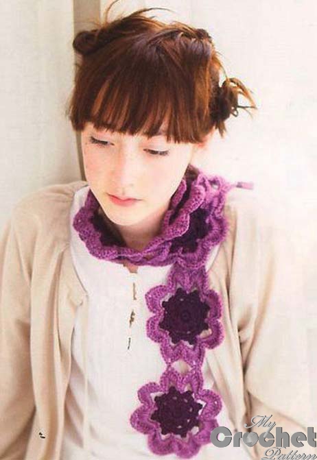 crochet scarf with purple flowers motif photo