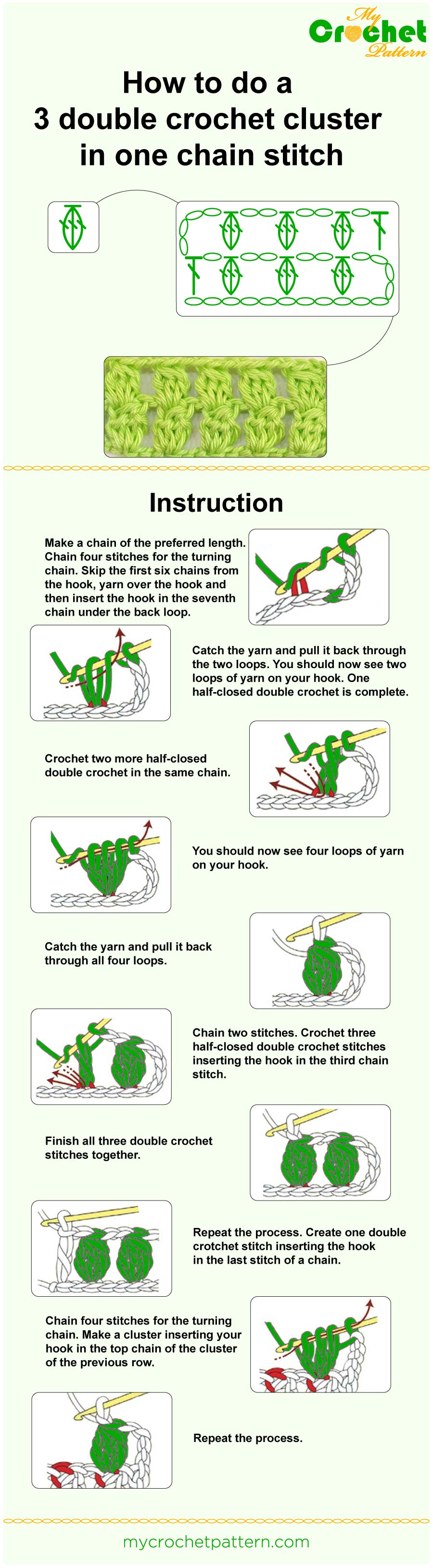 how to do a 3 double crochet cluster in one chain stitch - infographic