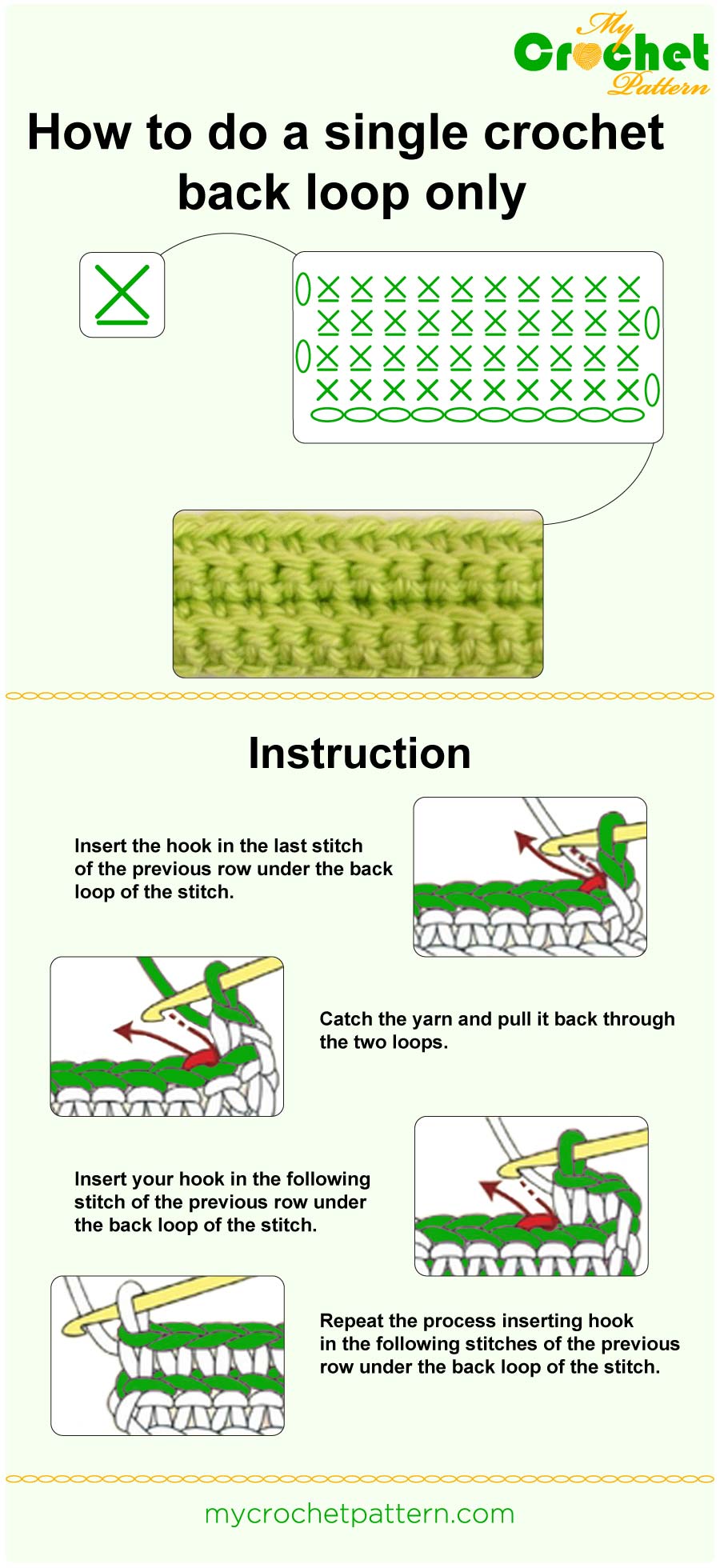how to do a single crochet back loop only - infographic