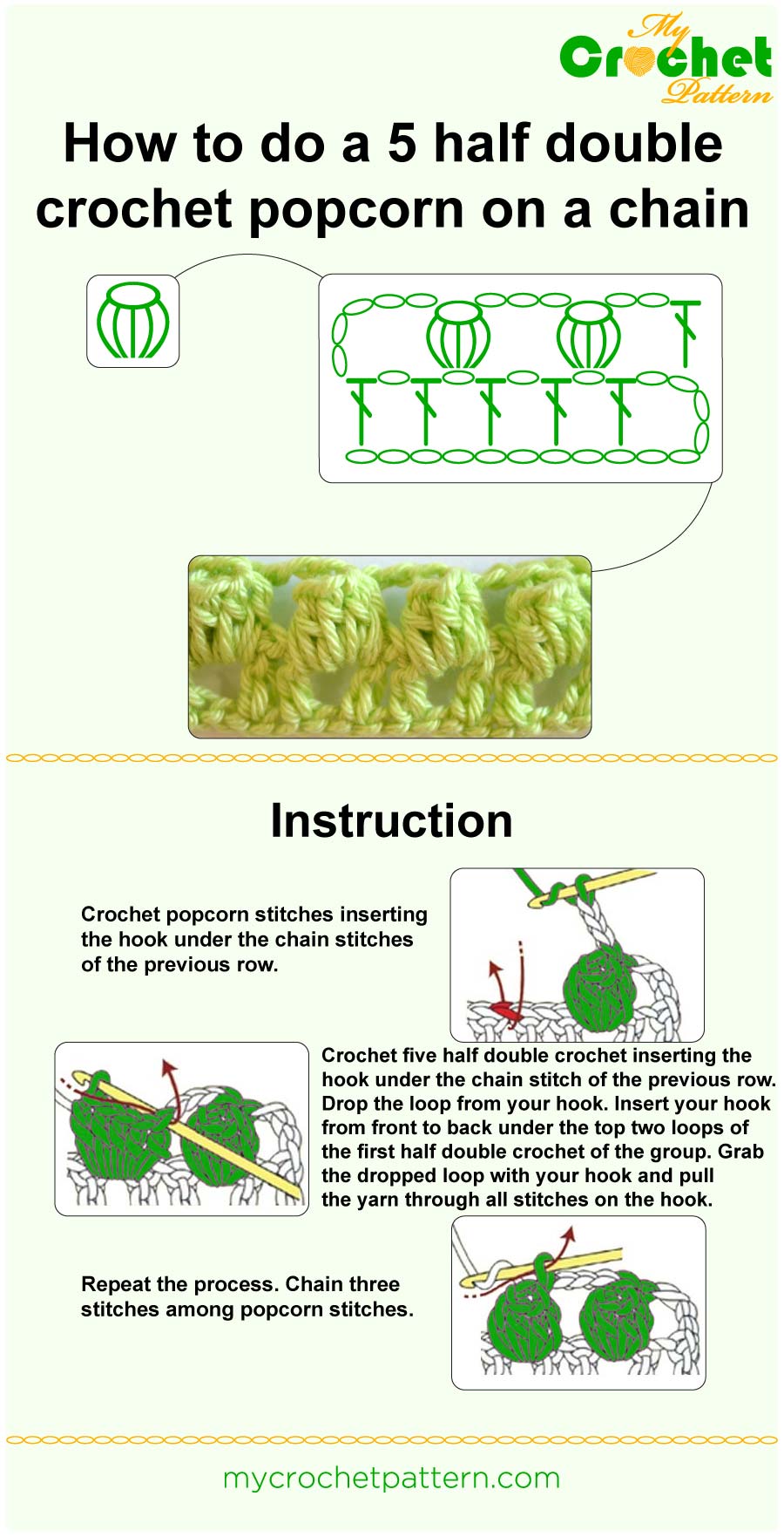 how to do a 5 half double crochet popcorn on a chain - infographic how to do a 5 half double crochet popcorn on a chain - infographic