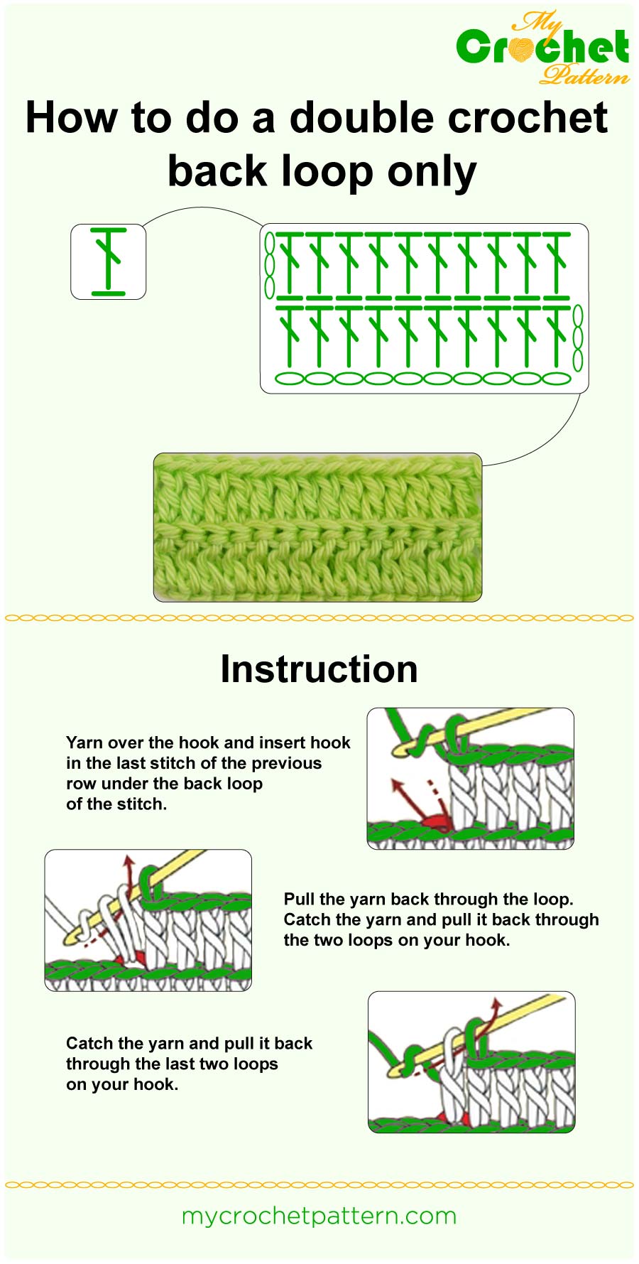 how to do a double crochet back loop only - infographic