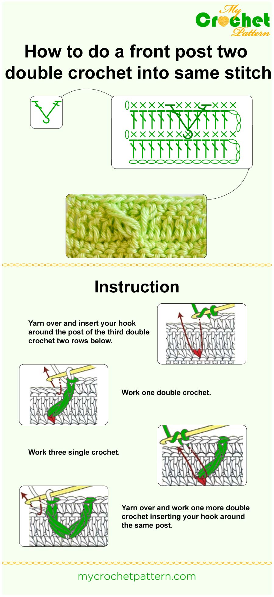 how to do a front post double crochet crossed stitch - infographic