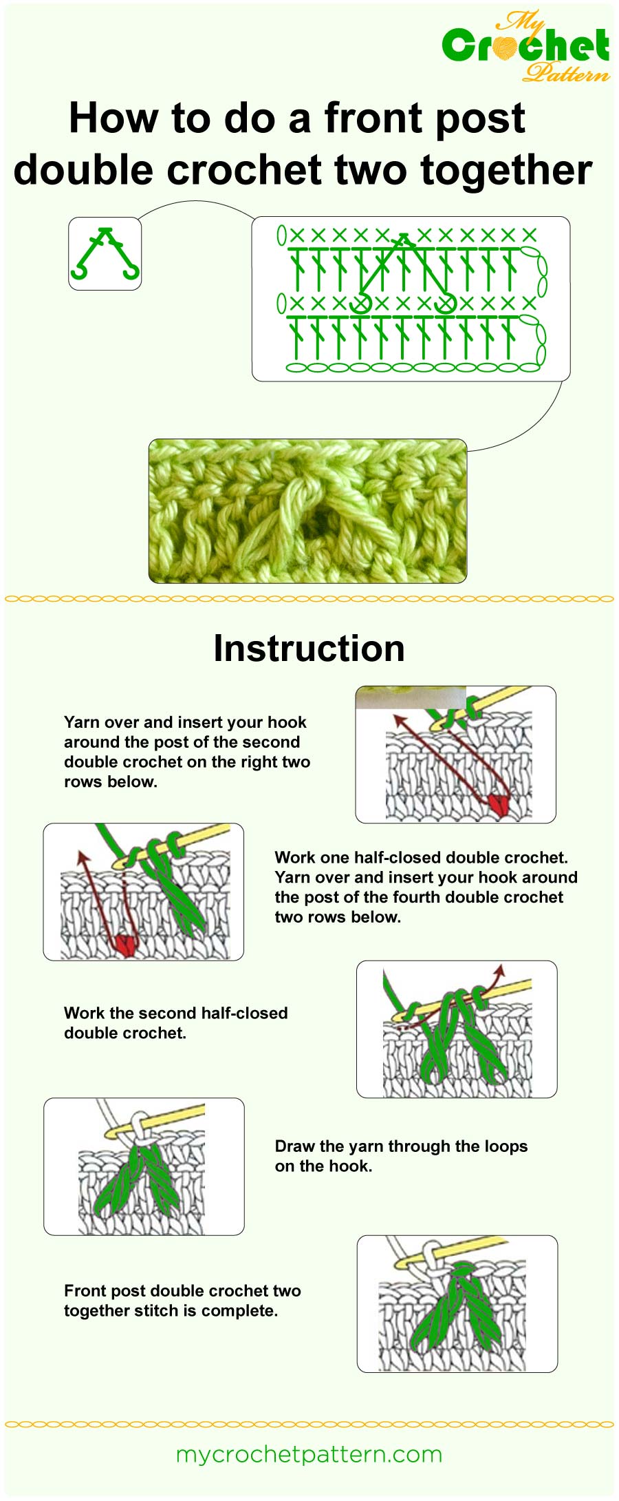 how to do a front post double crochet two together - infographic