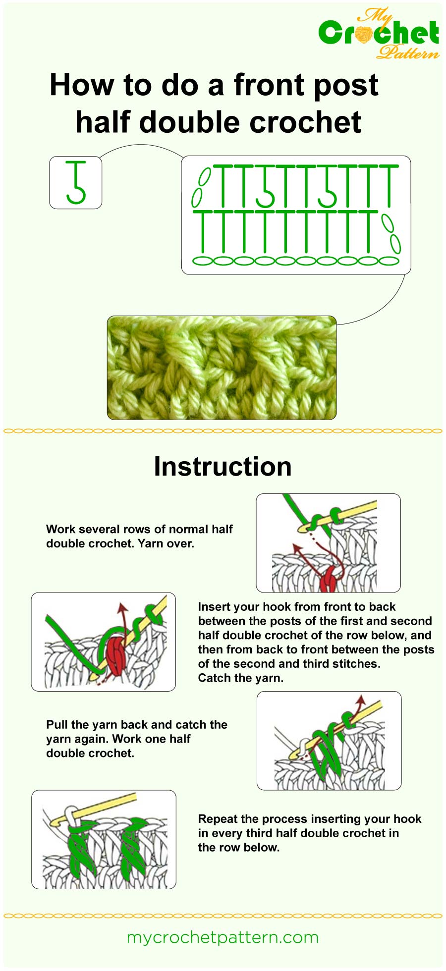 how to do a front post hdc - infographic