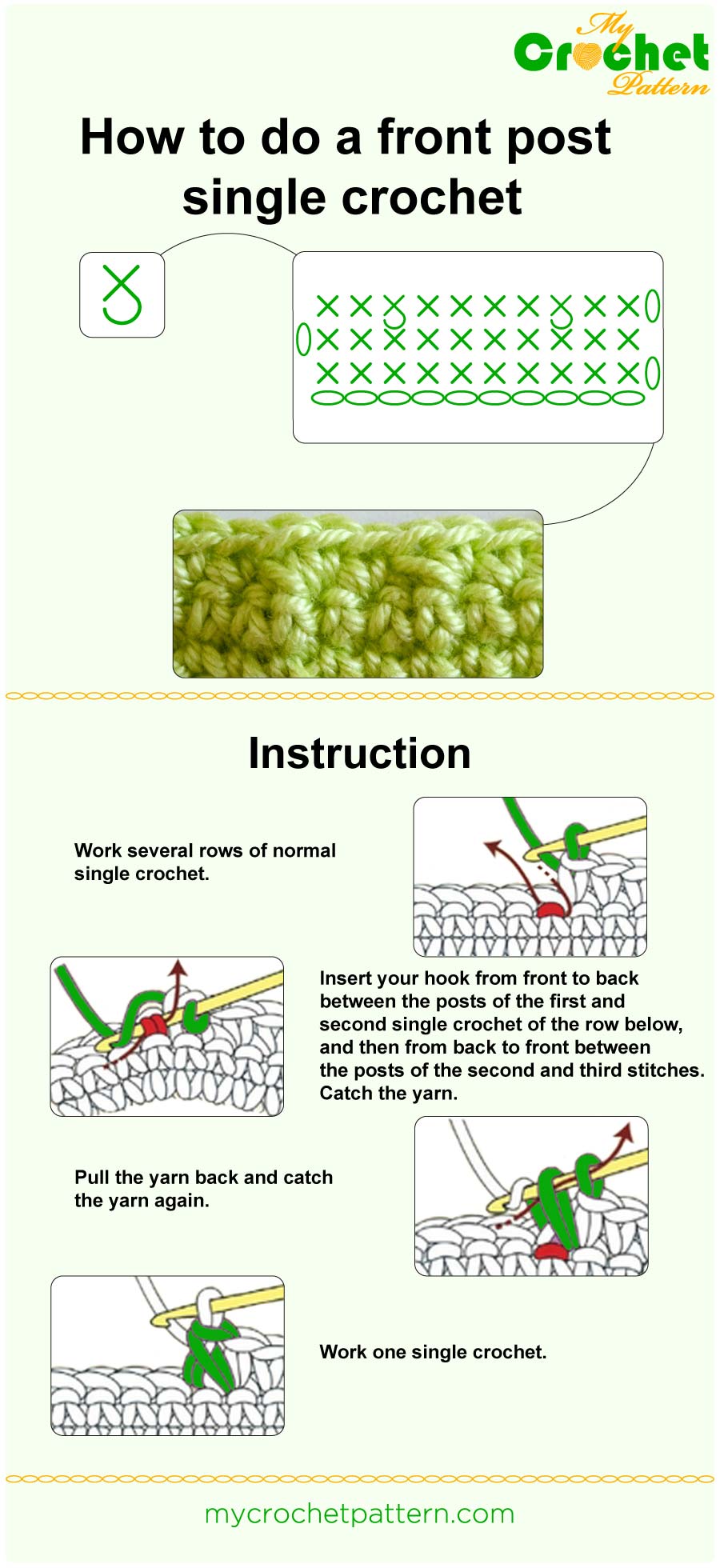 how to do a front post sc - infographic