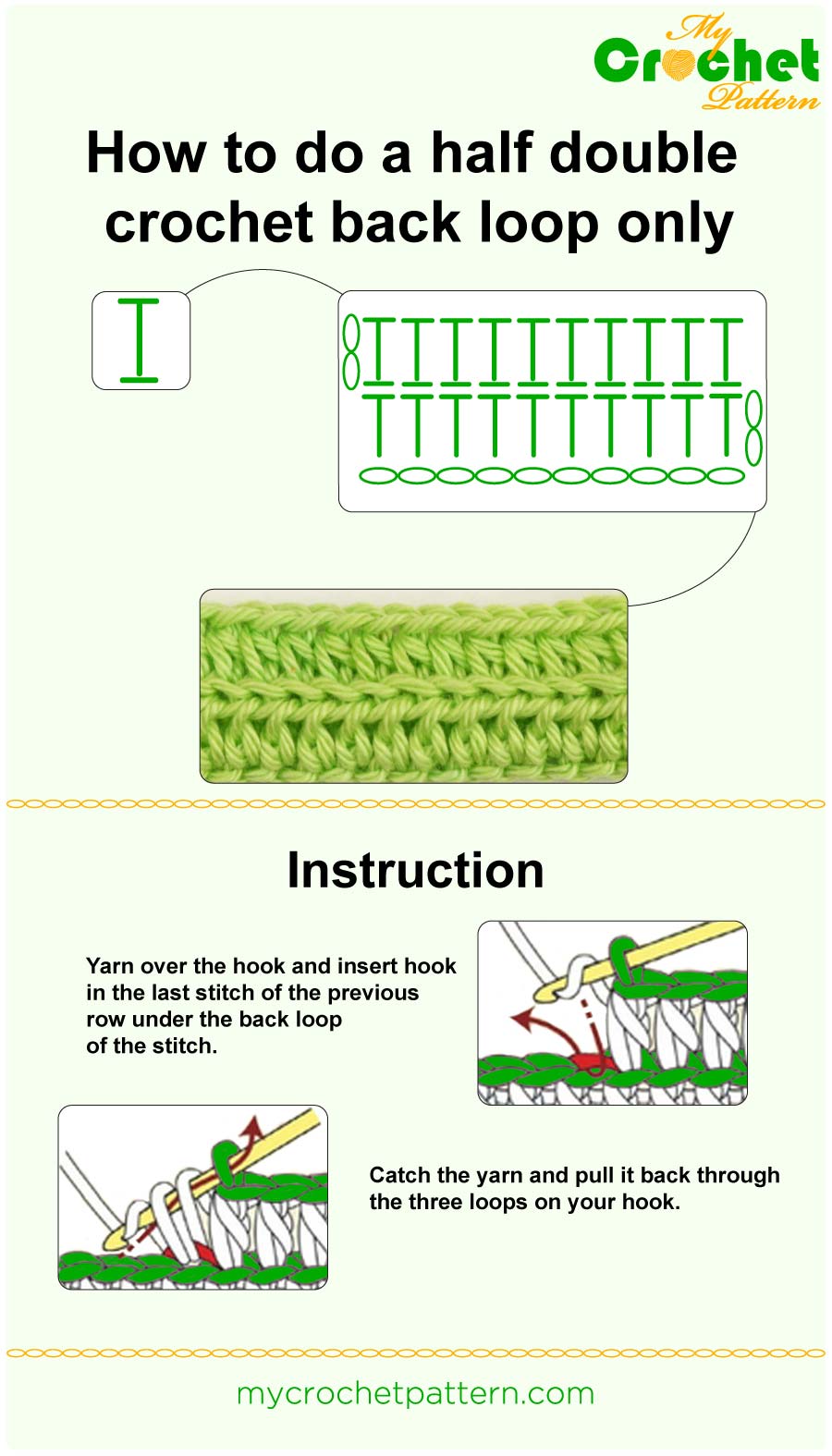 how to do a half double crochet back loop only - infographic