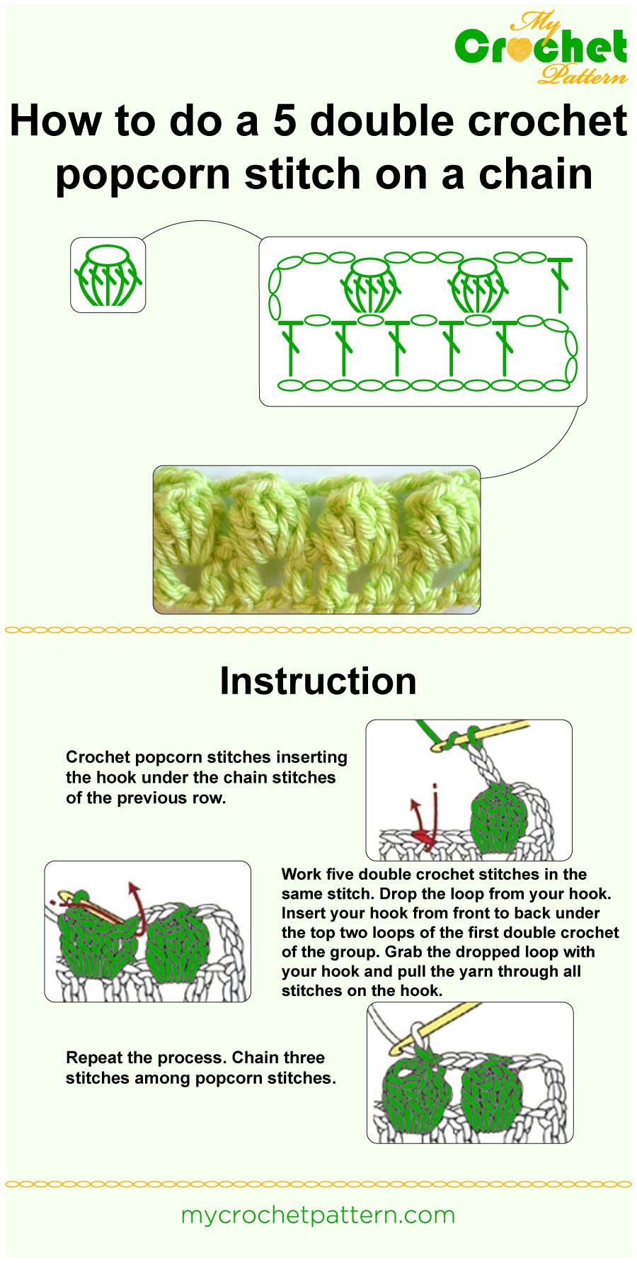 how to do a 5 dc popcorn on a chain - infographic