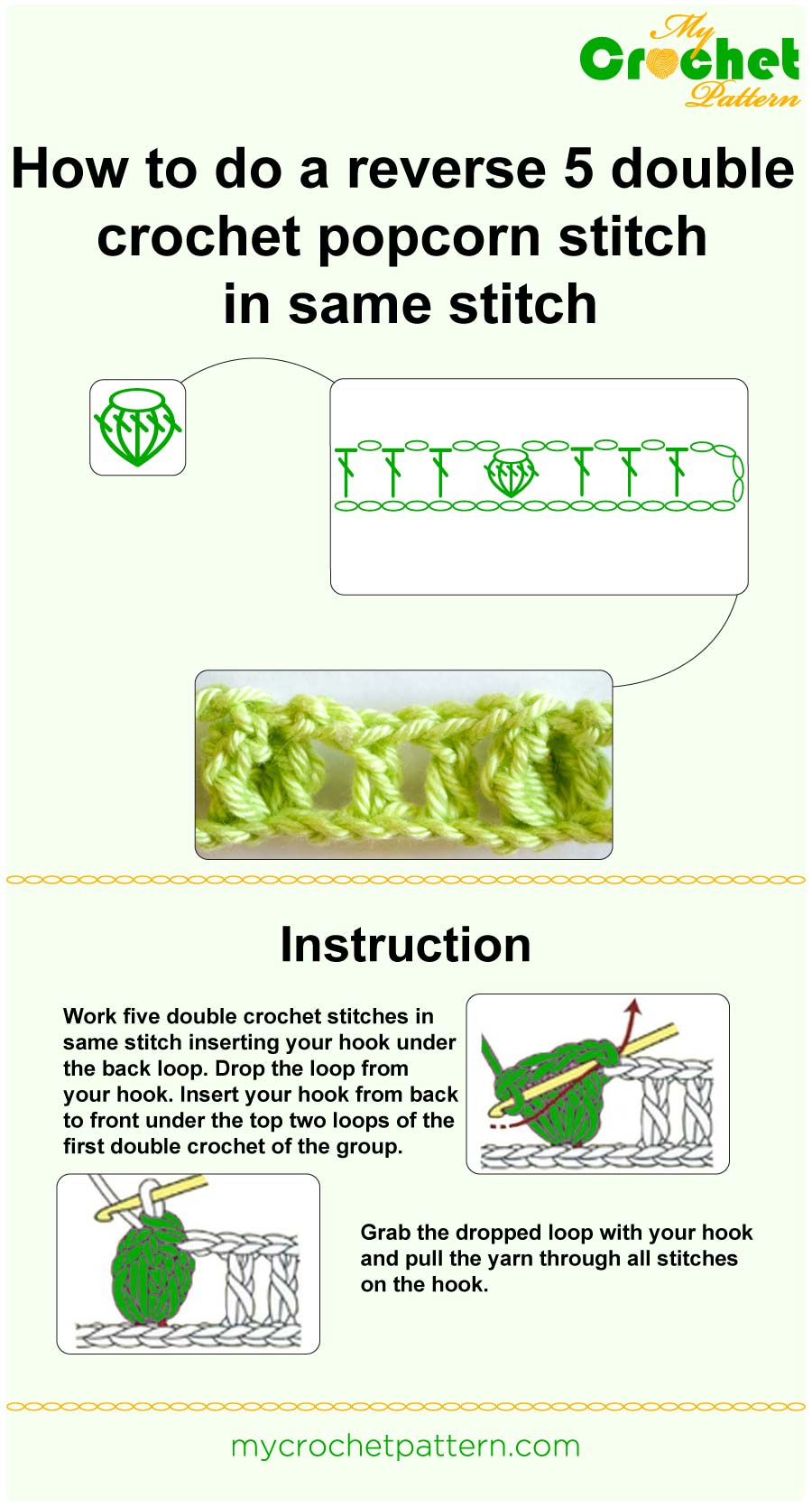 how to do a reverse 5 dc popcorn in same stitch - infographic