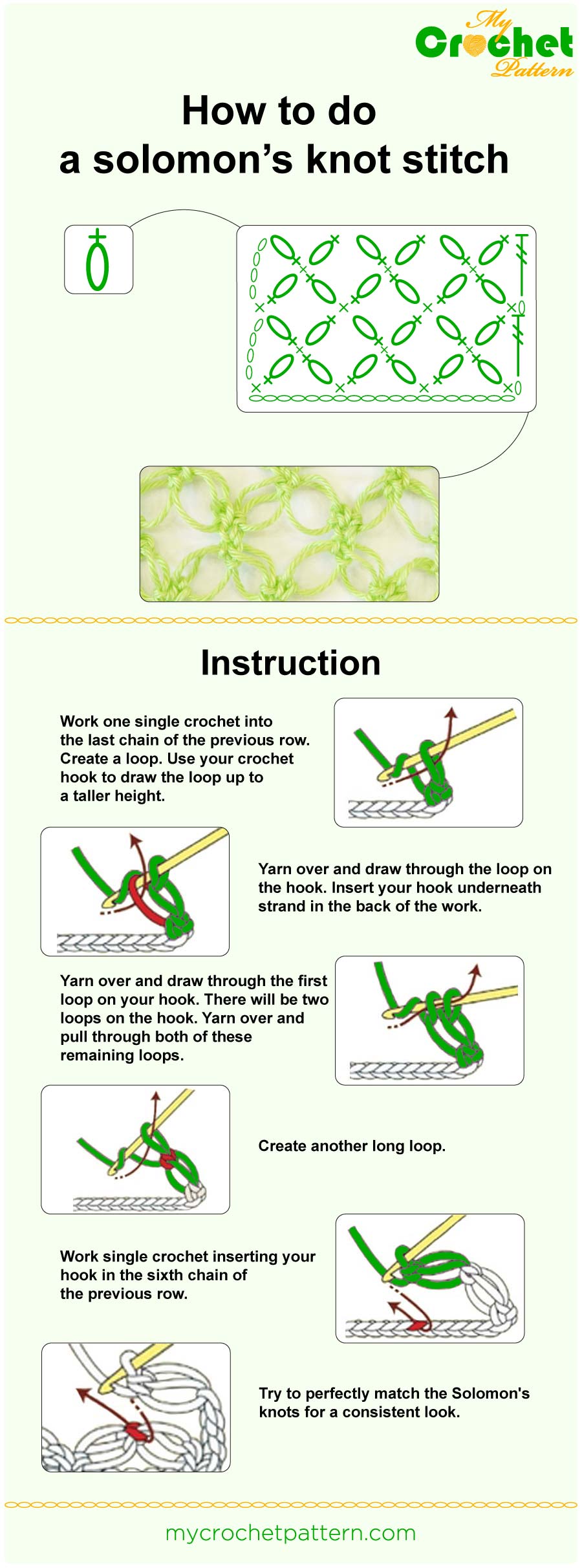 how to do a solomon’s knot stitch - infographic